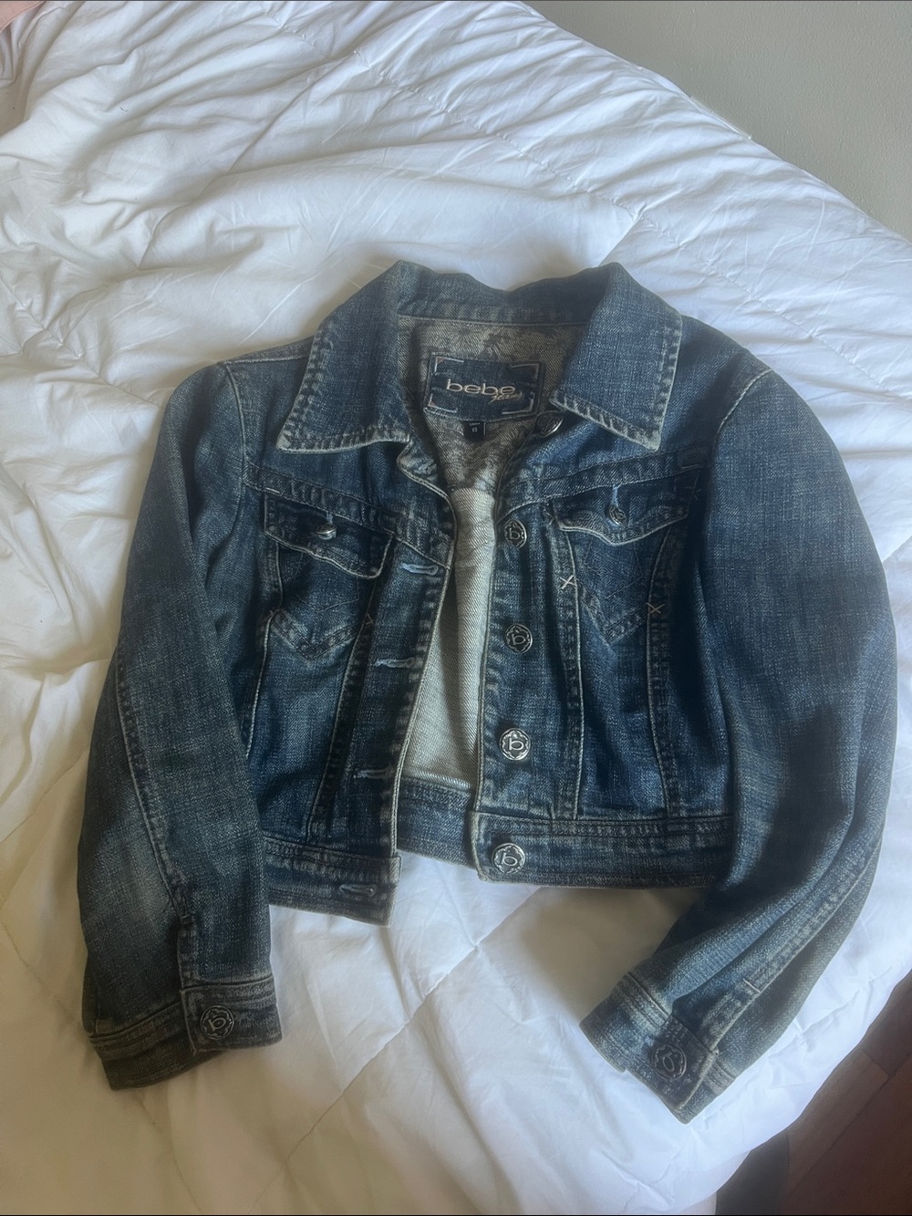 bebe Distressed Dark Blue Cropped Denim Jacket
